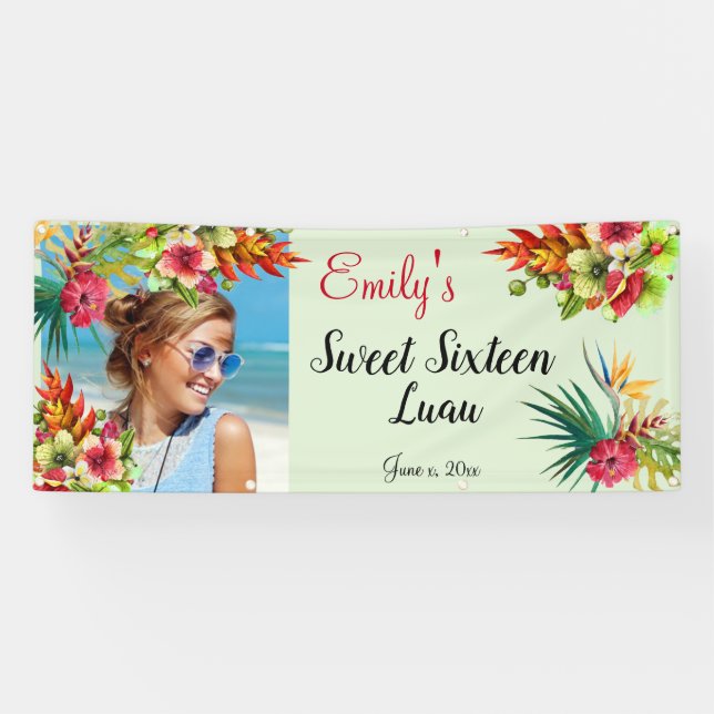 Banderoles Sweet sixteen Luau, Hibiscus rouge, Personnalisé (Horizontal)