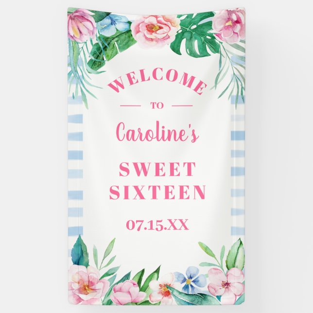 Banderoles Sweet sixteen Luau Tropical Floral Beach Hawaiian (Vertical)