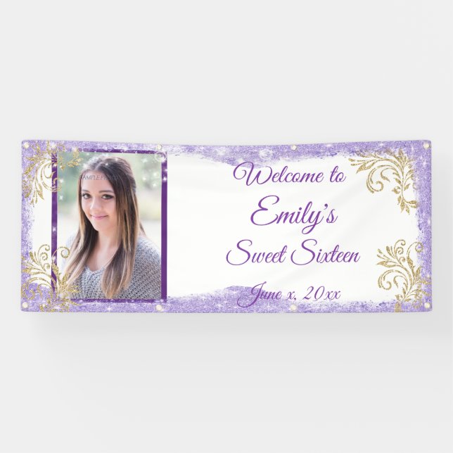 Banderoles Sweet sixteen, Parties scintillant violette, banni (Horizontal)