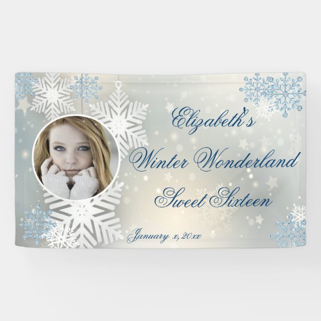 Banderoles Sweet Sixteen, Paysage Hivernal, Flocons de neige, (Horizontal)