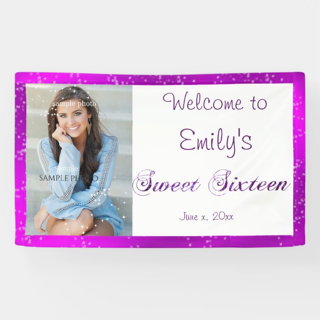 Banderoles Sweet Sixteen, Photo personnalisée, Violet, Paille (Horizontal)