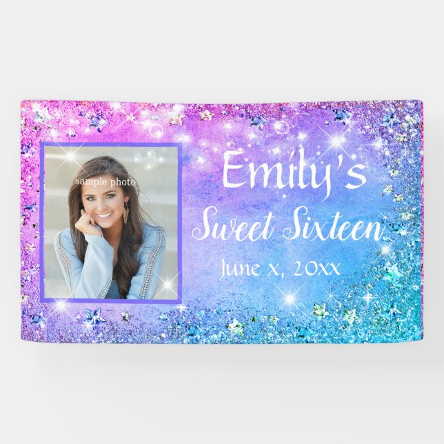 Banderoles Sweet Sixteen Rose Bleu Paillettes Lumières scinti (Horizontal)