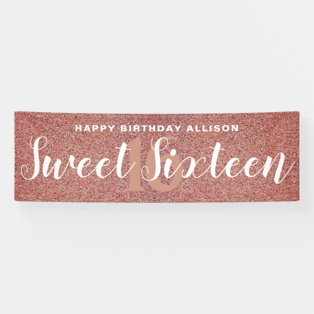 Banderoles sweet sixteen Rose Rose Parties scintillant or Per (Horizontal)