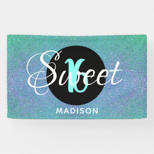 Banderoles Sweet sixteen Turquoise Aqua Parties scintillant p