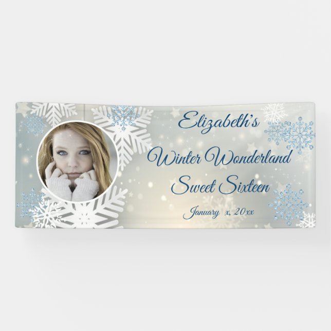 Banderoles Sweet sixteen, Winter Wonderland, Snowflakes, (Horizontal)