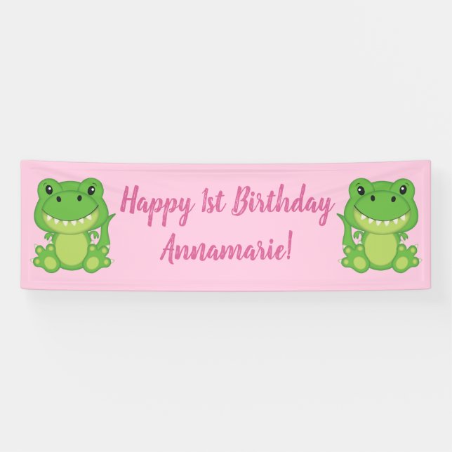 Banderoles T-Rex Dinosaur fête d'anniversaire rose (Horizontal)