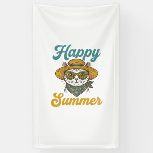 Banderoles T-shirt design vintage gravure chat été heureux_1