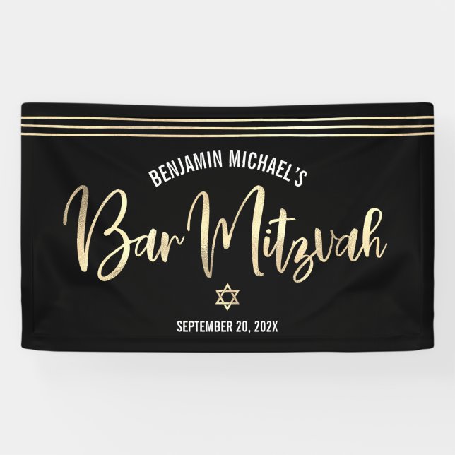 Banderoles Tallit Moderne Écriture Bar Mitzvah Noir Or métall (Horizontal)