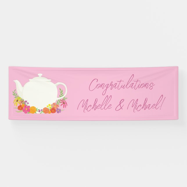 Banderoles Tea Party Baby shower Teapot Rose Girl (Horizontal)