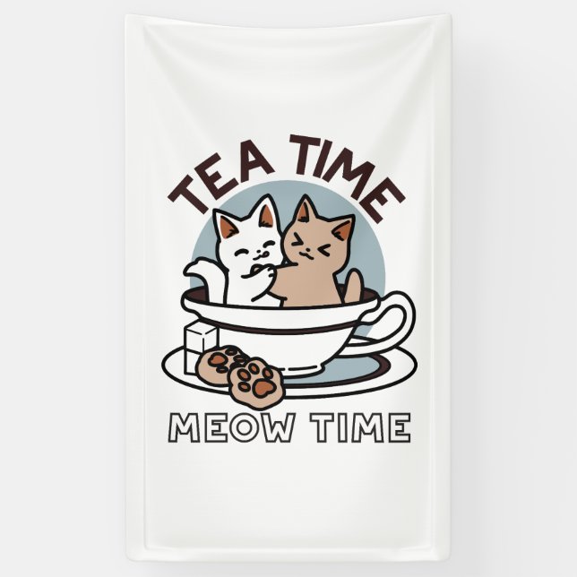 Banderoles Tea Time Meow Time - Cute Cat and Tea Design (Vertical)