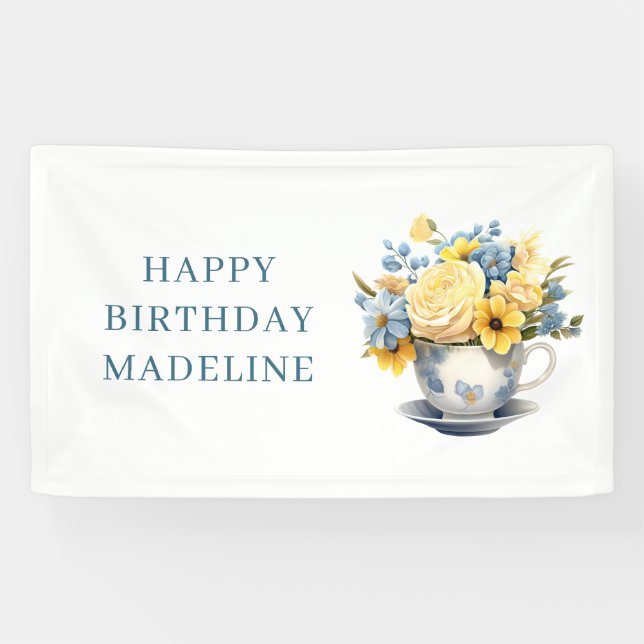 Banderoles Teacup Fleurs Bleues Jaunes Anniversaire (Horizontal)