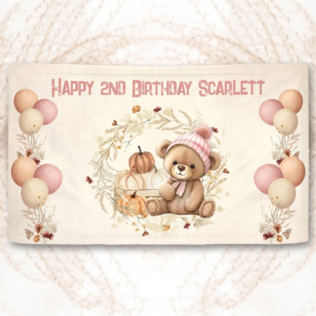 Banderoles Teddy Bear Fall Girl rose Beige Anniversaire Banni (Teddy Bear Fall Girl Pink Beige Birthday Banner)