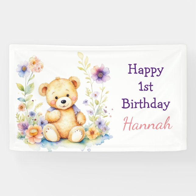 Banderoles Teddy Bear in Flowers Fête d'anniversaire de fille (Horizontal)