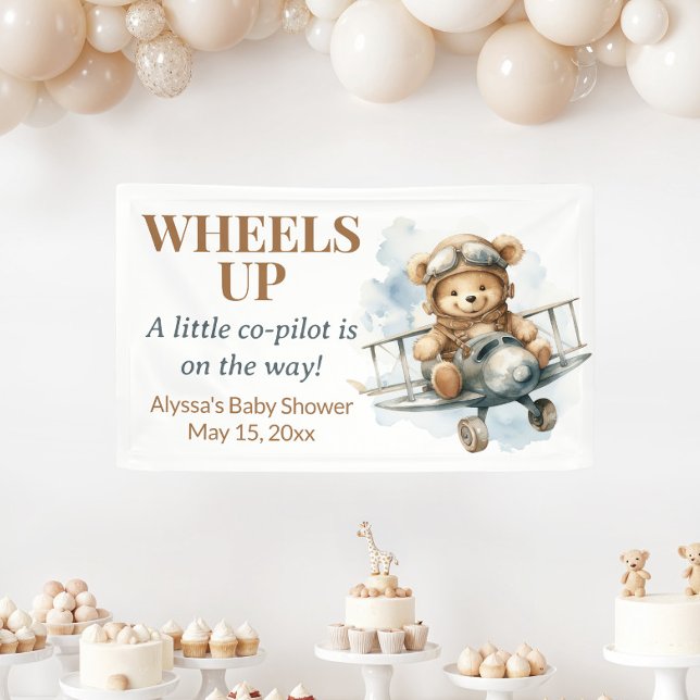 Banderoles Teddy Bear Roue vers le haut Petit Co Pilote (Wheels Up Little Co-Pilot baby shower banner)