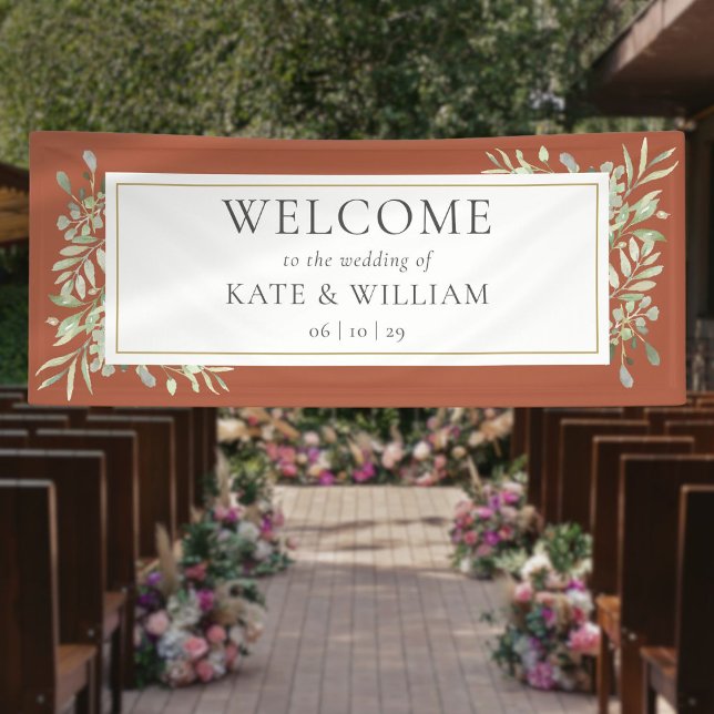 Banderoles Terracotta Green Foliage Mariage Bienvenue (Terracotta Greenery Foliage Wedding Welcome Banner)