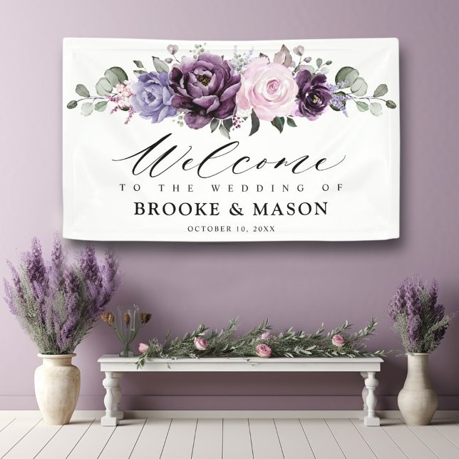 Banderoles Tons de Dusty violet Mariage Floral Bienvenue (Dusty purple plum lavender  wedding banner )