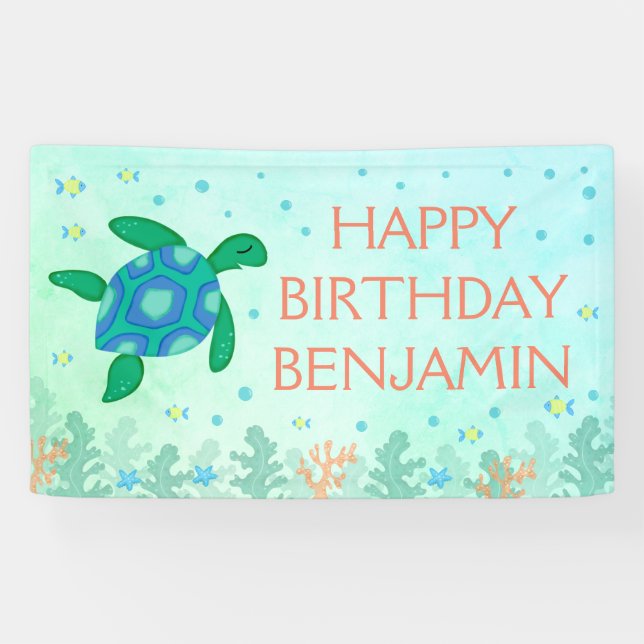 Banderoles Tortue sous la mer Joyeux anniversaire (Horizontal)