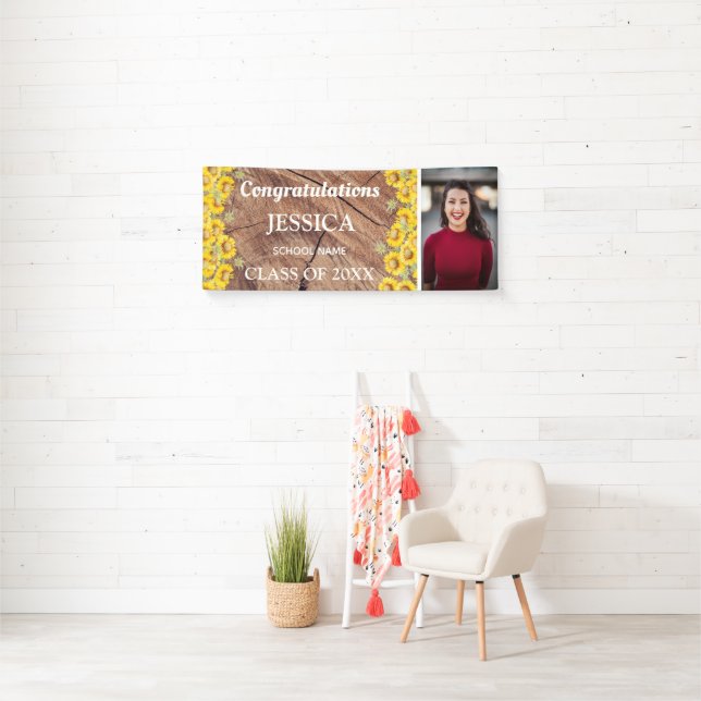 Banderoles Tournesols rustiques et texture bois Graduation (En situation)