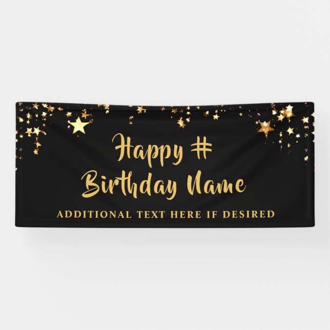 Banderoles TOUT ÂGE Anniversaire Black Gold Stars Message per (Horizontal)