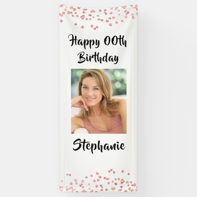 Banderoles TOUT ÂGE Anniversaire Rose Gold Confetti Script Ph (Vertical)