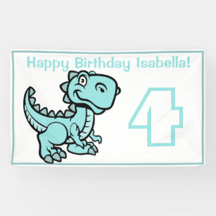 Banderoles Tout âge Blanc et Turquoise T Rex Dinosaur Anniver