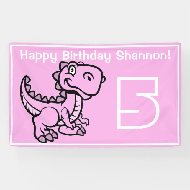 Banderoles Tout âge rose T Rex Dinosaur Anniversaire (Horizontal)
