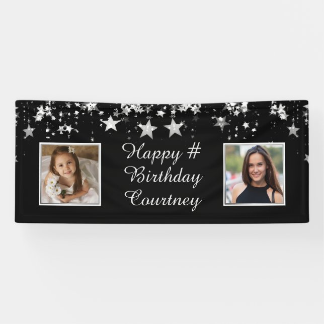 Banderoles Tout Anniversaire Black Silver Stars Photos Texte  (Horizontal)