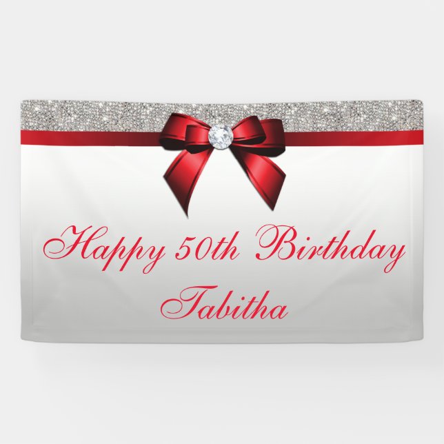 Banderoles Tout anniversaire rouge de paillettes d'argent (Horizontal)