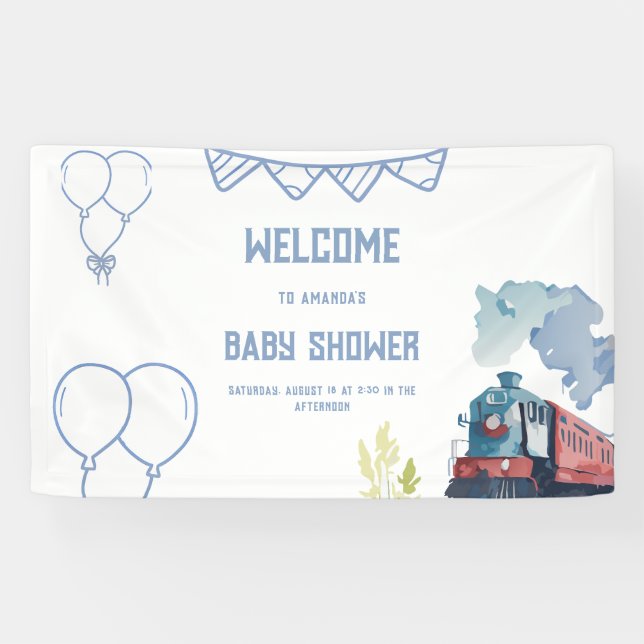 Banderoles Train Blue Balloons garçon Baby shower Whimsical (Horizontal)