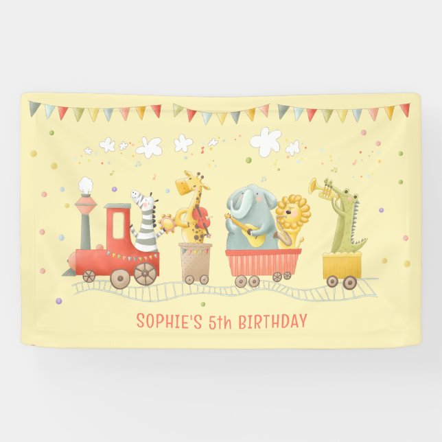 Banderoles Train de musique avec animaux sauvages anniversair (Horizontal)