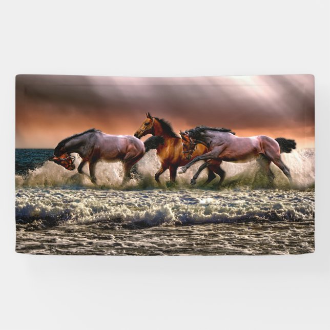 Banderoles Trois chevaux en cavale dans l'océan (Horizontal)