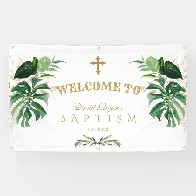Banderoles Tropical Foliage Gold Cross Baptism Affiche de bie (Horizontal)