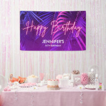 Tropical Purple Neon Pink Palm Leaf Happy Birthday