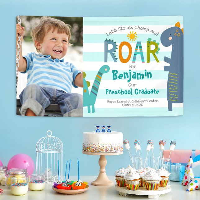 Banderoles Turquoise Preschool Graduol Photo Dinosaur Garçon (Créateur téléchargé)