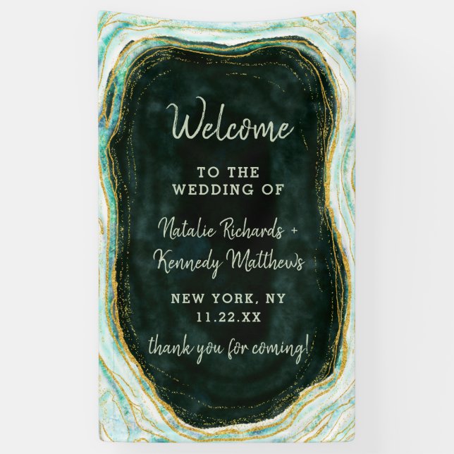 Banderoles Turquoise Vert & Or Agate Marbre Mariage Bienvenue (Vertical)
