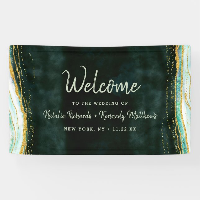 Banderoles Turquoise Vert & Or Agate Marbre Mariage Bienvenue (Horizontal)