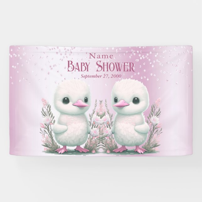 Banderoles Twin Canards Rose Baby shower Floral Bienvenue (Horizontal)