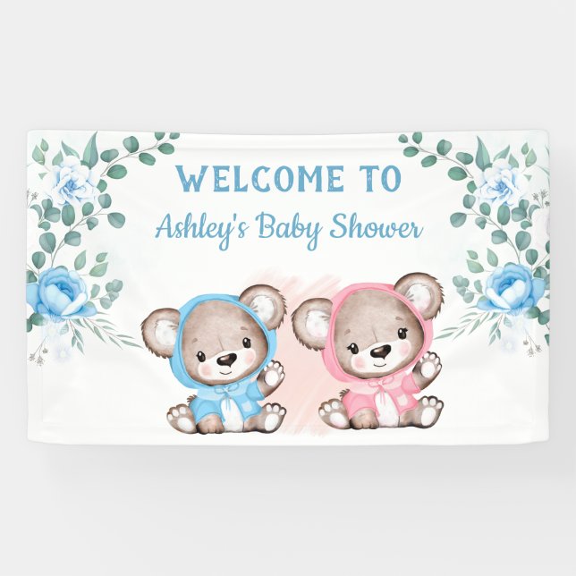 Banderoles Twins Rose Bleu Ours Floral Baby shower personnali (Horizontal)