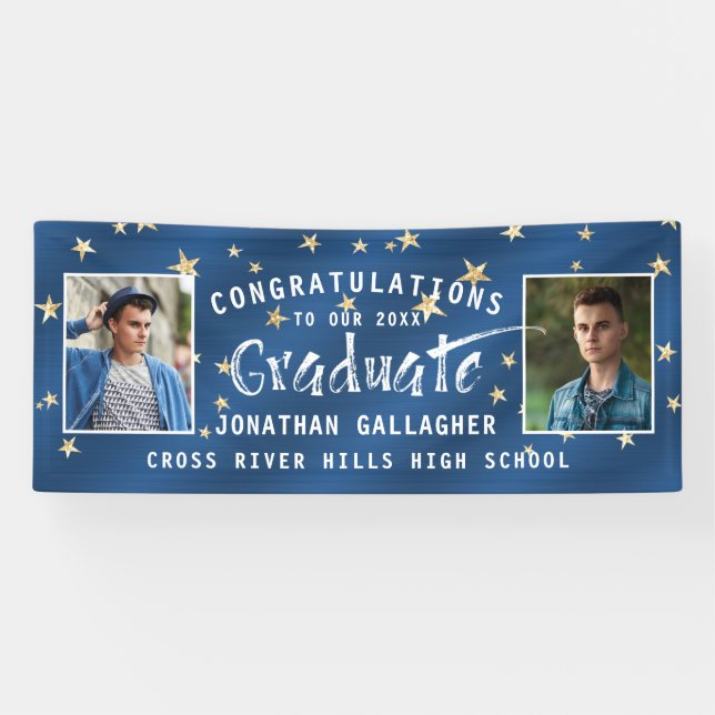 Banderoles Typographie Moderne Diplômée Photo Blue Gold Stars (Horizontal)