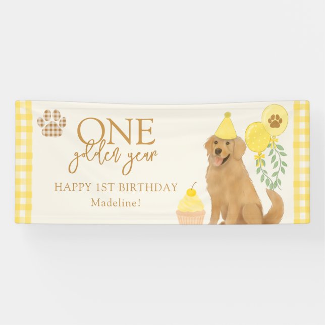 Banderoles Un An d'Or Chien Retriever Jaune Anniversaire (Horizontal)