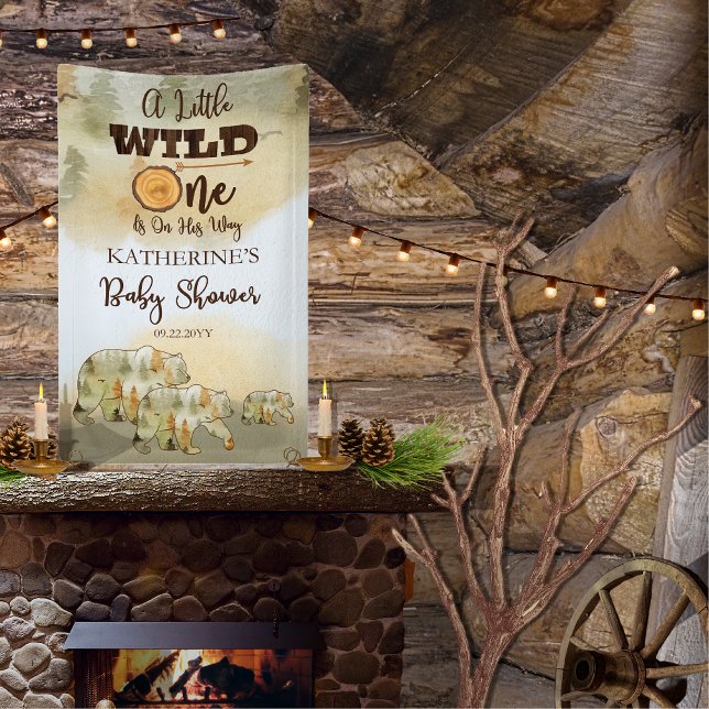 Banderoles Un Petit Ours Sauvage Porte Baby shower Boisé (A Little Wild One Is On His Way Rustic Woodland Mama, Daddy and Baby Bear Themed Baby Shower Banner)