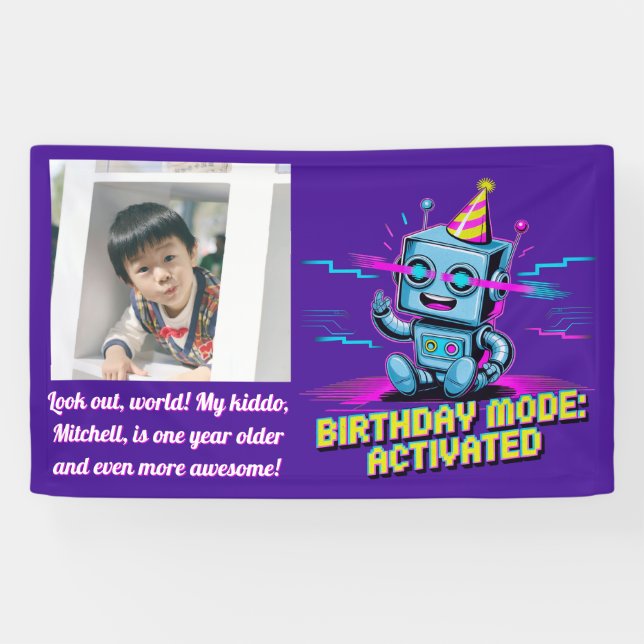 Banderoles Un robot mignon activé mode fête d'anniversaire (Horizontal)