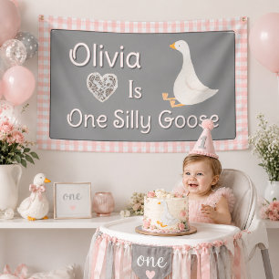 Banderoles Une fête d'anniversaire de fille rose gris Une Oie