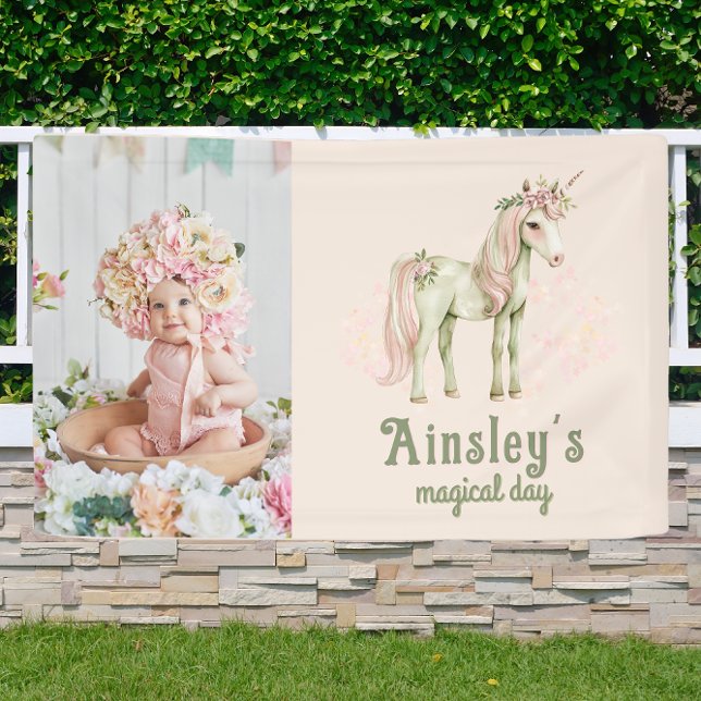 Banderoles Unicorne magique rose Personnalisée Photo Annivers (Créateur téléchargé)