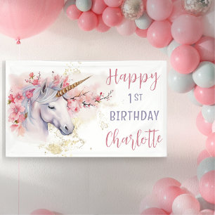 Banderoles Unicorne mystique   Rose Floral Girl 1er anniversa