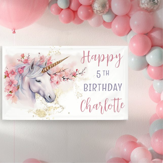 Banderoles Unicorne mystique | Rose Floral Girl 5e anniversai (Mystical Unicorn Pink  Cherry Blossoms and Faux Gold Glitter Girl's "Happy 5th Birthday" Banner)