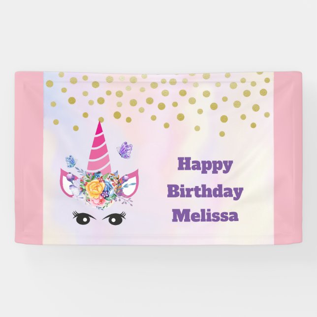 Banderoles Unicorne rose tendance Confetti & Fleurs Anniversa (Horizontal)