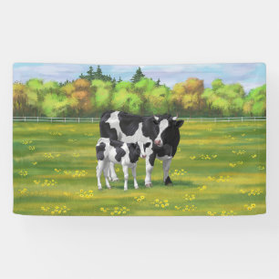 Banderoles Vache Holstein et veau mignon en pâturage d'été