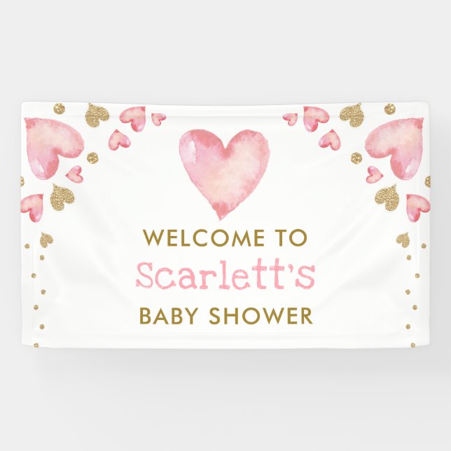 Banderoles Valentines amour rose or rose Bébé fille Bienvenue (Horizontal)