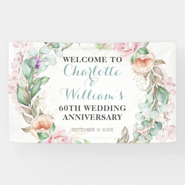 Banderoles Végétation rose 60e Anniversaire du Mariage Diamon (Horizontal)